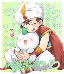  1boy ^_^ ayasetaru babu_(kaijuu_monogatari) black_hair blue_vest border cape closed_eyes commentary_request copyright_name creature creature_on_lap daikaijuu_monogatari feathers fire_shell_hero_(daikaijuu_monogatari) full_body green_background halftone halftone_background hat_feather heart highres horns indian_style interlocked_fingers kaijuu_monogatari_(series) male_focus open_mouth outside_border own_hands_together pants red_cape sandals short_hair single_horn sitting smile teeth turban twitter_username upper_teeth_only vest white_border white_pants white_turban wristband yellow_feathers 