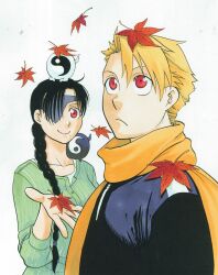  1boy 1girl absurdres arakawa_hiromu asa_(yomi_no_tsugai) asymmetrical_hair autumn autumn_leaves black_hair black_shirt blonde_hair braid brother_and_sister closed_mouth commentary_request daifuku_(yomi_no_tsugai) eyepatch falling_leaves hair_over_one_eye highres holding holding_leaf leaf leaf_on_clothes leaf_on_head long_hair long_sleeves looking_at_another looking_up mole mole_under_mouth official_art ohagi_(yomi_no_tsugai) orange_scarf red_eyes ribbed_shirt scarf shirt short_hair siblings simple_background single_braid smile spirits upper_body white_background yin_yang yomi_no_tsugai yuru_(yomi_no_tsugai) 