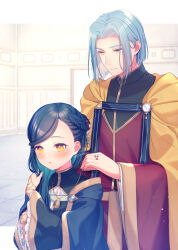  1boy 1girl adjusting_hair adjusting_necklace artist_name black_dress blue_cape blush bob_cut braid brooch cape closed_mouth commentary dress ferdinand_(honzuki_no_gekokujou) frilled_sleeves frills hair_ornament hetero honzuki_no_gekokujou indoors jewelry light_frown long_hair long_sleeves looking_at_another myne_(honzuki_no_gekokujou) necklace parted_bangs parted_lips red_tunic ring rinndouk short_hair signature standing swept_bangs tunic twitter_username wide_sleeves yellow_cape yellow_eyes 
