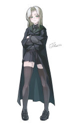  1girl absurdres black_robe black_shoes black_skirt black_thighhighs blonde_hair blush cardigan closed_mouth curtained_hair eyelashes full_body genderswap genderswap_(mtf) green_eyes green_hood green_necktie grey_shirt harry_potter_(series) highres hogwarts_school_uniform hood hood_down long_hair looking_at_viewer malfoid miniskirt necktie ozli pleated_skirt raised_eyebrow robe school_uniform shirt shoes simple_background skirt slytherin smile smirk solo striped_clothes striped_necktie thigh-highs white_background wizarding_world zettai_ryouiki 