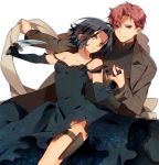  black_hair black_rose bracelet brown_eyes brown_hair chane_laforet claire_stanfield coat dress elbow_gloves flower gloves jewelry knife murakami_yuzu rose short_hair strap_slip thigh_strap torn_clothes yellow_eyes 