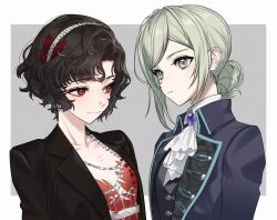  2girls ascot baesong black_coat black_hair border breasts brooch coat collarbone commentary_request curly_hair curtained_hair dress feather_dress feather_hair_ornament feathers grey_background grey_eyes hair_bun hair_ornament hairband jewelry korean_commentary looking_at_another multiple_girls necklace outside_border parted_bangs pearl_necklace red_dress red_eyes reverse:1999 schneider_(reverse:1999) shirt short_hair simple_background single_side_bun small_breasts upper_body vertin_(reverse:1999) white_ascot white_border white_hairband white_shirt yuri 