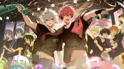 6+boys :d akagi_wen arm_up black_gloves black_hair black_shirt blonde_hair blue_hair blue_streaks brown_hair closed_eyes colored_inner_hair commentary concert confetti dytica_(nijisanji) earrings fingerless_gloves gloves green_eyes green_hair grey_hair grey_pants hair_between_eyes hand_on_another's_shoulder heterochromia hibachi_mana highres holding holding_microphone holding_towel hoshirube_sho inami_rai jewelry koyanagi_rou laser lens_flare long_hair looking_at_viewer lowro_(en) male_focus microphone midriff multicolored_hair multiple_boys murakumo_kagetsu nijisanji official_artist_extra orange_hair oriens_(nijisanji) pants print_towel purple_hair red_hair saiki_ittetsu screen_zoom sharp_teeth shirt short_hair smile stage_lights streaked_hair t-shirt teeth towel usami_rito violet_eyes virtual_youtuber white_pants 