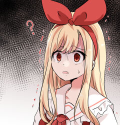  1girl ? blonde_hair bow commentary constricted_pupils crosshatching facing_to_the_side frilled_shirt_collar frills hairband hatching_(texture) long_sidelocks open_mouth original red_bow red_eyes red_hairband sailor_collar scared sendou_asasuzu shirt sidelocks solo sweatdrop trembling two-tone_background upper_body white_sailor_collar white_shirt 