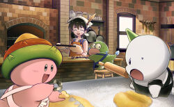  1boy apron ayasetaru babu_(kaijuu_monogatari) baking baking_sheet black_apron black_hair blue_apron blue_vest brick_oven brick_wall closed_mouth commentary_request cookie_cutter counter creature daikaijuu_monogatari dough feathers fins fire_shell_hero_(daikaijuu_monogatari) flour frying_pan hat_feather head_fins headscarf heart highres holding holding_rolling_pin horns indoors jar kaijuu_monogatari_(series) kupikupi leaning_forward looking_at_another looking_back looking_to_the_side mittens on_stool open_mouth orange_apron oven oven_mitts poyon_(kaijuu_monogatari) rolling_pin seashell shell single_horn smile standing stool sweatdrop v-shaped_eyebrows vest waist_apron white_apron white_headscarf white_mittens window yellow_feathers 