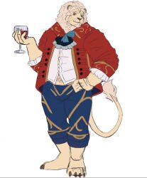  1boy animal_ears barefoot blue_pants claws closed_mouth coat cup drinking_glass english_commentary full_body furry furry_male hand_on_own_hip highres holding holding_cup leo_von_narcis_(xxl) lion_boy lion_ears lion_mane lion_tail lunarlionarts male_focus pants red_coat shirt sketch smile tail unfinished whiskers white_background white_shirt wine_glass xxl_woofia 