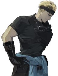  1boy absurdres black_gloves black_headband black_shirt blonde_hair blue_eyes cid_highwind closed_mouth clothes_around_waist final_fantasy final_fantasy_vii final_fantasy_vii_remake final_fantasy_vii_revelation gloves goggles goggles_around_neck hands_on_own_hips headband highres jacket jacket_around_waist male_focus ninyunyan official_alternate_costume shirt short_hair solo t-shirt upper_body white_background 