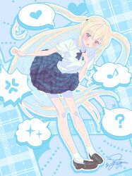  1girl ? absurdres anger_vein blonde_hair blue_bow blue_eyes blue_skirt bow collared_shirt commission finger_to_own_chin full_body hair_tie heart highres jdge loafers long_hair musical_note original plaid_clothes plaid_skirt school_uniform shirt shoes skeb_commission skirt socks solo spoken_anger_vein spoken_heart spoken_musical_note spoken_question_mark spoken_sparkle standing two_side_up very_long_hair white_shirt white_socks 