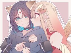  2girls absurdres animal_ears blonde_hair blue_hair blue_hoodie blue_nails border cho_kaguya-hime! closed_mouth colored_inner_hair commentary crescent crescent_hair_ornament forehead_jewel fox_ears green_eyes grey_border hair_ornament highres hood hoodie hug hug_from_behind japanese_clothes kaguya_(cho_kaguya-hime!) kaguya_(tsukuyomi)_(cho_kaguya-hime!) kimono kousaka_0v0 looking_at_another multicolored_hair multiple_girls outline pink_background pout purple_hair rabbit_ears red_eyes red_kimono sakayori_iroha sakayori_iroha_(tsukuyomi) short_hair simple_background white_outline yuri 