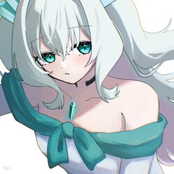  aqua_eyes aqua_hair black_choker blush chest_jewel choker commentary_request crossed_bangs crysta_(duel_masters) dress duel_masters duel_masters_lost gem_hair_ornament highres mekuri_neru multicolored_hair off-shoulder_dress off_shoulder open_mouth pink_hair signature simple_background two-tone_hair two_side_up upper_body white_background 