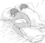  bed father_and_son kratos_aurion lloyd_irving male monochrome pajamas pillow pillow_hugging short_hair sleeping tales_of_symphonia 