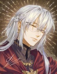  1boy abstract_background ahoge braid brown_background brown_shirt chain cloak collared_shirt commentary cropped_shoulders d.gray-man earrings eyelashes facial_mark glasses gold_chain gold_earrings gold_trim grey_hair hair_between_eyes hair_intakes hair_over_shoulder half_updo head_tilt high_collar highres hoop_earrings jewelry long_hair looking_at_viewer male_focus one_eye_closed parted_bangs past_lavi_(d.gray-man) qn_(3686124633qn) red_cloak round_eyewear scar scar_across_eye scar_on_face shirt sidelocks signature single_braid solo sparkle_background striped_background striped_clothes striped_shirt violet_eyes 