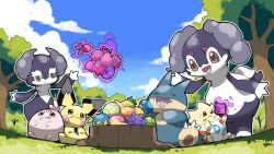  aspear_berry berry berry_(pokemon) blacknirrow blue_sky brown_eyes cheri_berry chesto_berry clouds commentary eating figy_berry food food_on_face forest glutton grass highres igglybuff indeedee indeedee_(female) indeedee_(male) lum_berry mago_berry munchlax nature oran_berry outdoors passho_berry pecha_berry pichu pinap_berry pokemon pokemon_(creature) rawst_berry sky telekinesis togepi tree tree_stump wiki_berry 