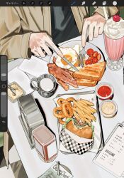 1other ambiguous_gender art_program_in_frame bacon black_shirt bread bread_slice brown_jacket burger butter_knife cherry cream cup drinking_glass food food_bite food_focus fork french_fries fried_egg from_above fruit head_out_of_frame highres holding holding_fork holding_knife jacket ketchup knife kome_non long_sleeves menu milkshake napkin_holder onion_rings open_clothes open_jacket original parfait_glass plate shirt table toast tomato tomato_slice tray whipped_cream 