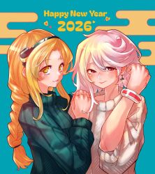  2girls aygoftenover black_hairband blonde_hair blush bracelet braid closed_mouth commentary_request curtained_hair earrings english_text green_sweater hairband hand_on_another's_shoulder happy_new_year highres jewelry koishikawa_iko long_hair long_sleeves looking_at_viewer multiple_girls new_year pale_skin red_eyes scar scar_across_eyebrow scar_on_face short_hair shy_(character) shy_(series) simple_background single_earring smile sweater turtleneck upper_body white_hair white_sweater yellow_eyes 