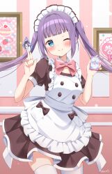  1girl ;) apron blue_eyes blunt_bangs blush bow bowtie brown_dress closed_mouth commentary_request cowboy_shot dress frilled_apron frills highres long_hair looking_at_viewer maid maid_headdress one_eye_closed original pink_bow pink_bowtie purple_hair short_dress short_sleeves sidelocks signature smile solo thigh-highs tobio_illust twintails white_apron white_thighhighs zettai_ryouiki 