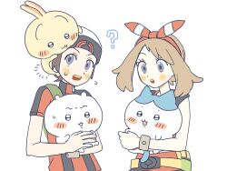  1boy 1girl 28_(eep228) :o ? backpack bag beanie blush_stickers bow_hairband bracelet brendan_(pokemon) brown_hair chiikawa chiikawa_(character) commentary_request crossover eyelashes green_bag grey_eyes hachiware_(chiikawa) hairband hat highres holding jewelry korean_commentary may_(pokemon) open_mouth pokemon pokemon_omega_ruby_and_alpha_sapphire red_hairband red_shirt shirt short_hair short_sleeves sleeveless sleeveless_shirt teeth upper_teeth_only usagi_(chiikawa) white_background 