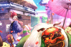  1girl 3boys ^_^ absurdres akamaru_(tengai_makyou) aomaru_(tengai_makyou) architecture ayasetaru black_boots black_hair blonde_hair blue_haori boots braid breath building closed_eyes coat commentary_request confetti day east_asian_architecture fur-trimmed_gloves fur-trimmed_headwear fur_trim glasses gloves green_gloves haori hat higan_(tengai_makyou) highres holding holding_hands holding_kite holding_umbrella japanese_clothes kimono kite lion_dance long_hair looking_at_another looking_back mitsudomoe_(shape) mittens multicolored_hair multiple_boys oil-paper_umbrella open_mouth outdoors pants pink_scarf pointing ponytail rattle_drum red_coat red_eyes red_gloves red_hair red_hat red_mittens red_umbrella round_eyewear santa_hat scarf shishimai short_hair single_braid smile snow standing subaru_(tengai_makyou) tate_eboshi teeth tengai_makyou tengai_makyou_zero tomoe_(symbol) two-tone_hair umbrella upper_teeth_only walking white_kimono white_pants winter 