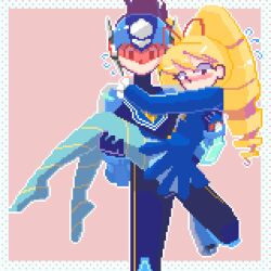 1boy 1girl blonde_hair blue_bodysuit blue_dress blue_helmet blue_pantyhose blush bodysuit bow carrying dress drill_hair em_wave_change_(mega_man) flying_sweatdrops geo_stelar_(mega_man) hair_bow helmet highres long_hair luna_platz_(mega_man) mega_man_(series) mega_man_star_force_(series) pantyhose pink_background pixel_art princess_carry saltmann star_force_mega_man striped_clothes striped_pantyhose twin_drills 