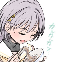  1girl black_shirt bowl brown_dress chopsticks closed_eyes commentary_request dress eating food grey_hair gyuudon hair_ornament hasu_no_sora_school_uniform holding holding_bowl holding_chopsticks holding_with_chopsticks jellyfish_cut katsuragi_izumi long_hair love_live! love_live!_hasu_no_sora_jogakuin_school_idol_club open_mouth portrait sailor_collar sailor_dress school_uniform shinanoya_(satanicad) shirt simple_background solo triangle_hair_ornament turtleneck turtleneck_shirt turtleneck_under_shirt undershirt virtual_youtuber white_background white_sailor_collar winter_uniform 