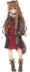  1girl animal_ears ankle_boots black_dress boots brown_boots brown_dress brown_hair child closed_mouth collar collarbone crossed_bangs double-parted_bangs dress full_body game_asset hair_between_eyes hand_up knife knife_sheath leather leather_boots light_blush light_frown long_hair looking_at_viewer medium_dress messy_hair metal_collar metal_wrist_cuffs official_art pinstripe_dress pinstripe_pattern raccoon_ears raccoon_girl raccoon_tail raphtalia raphtalia_(young) red_dress red_eyes sheath sheathed simple_background solo standing tail tanuki tate_no_yuusha_no_nariagari tate_no_yuusha_no_nariagari_rise transparent_background two-tone_dress yellow_trim 