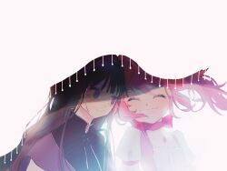  2girls ^_^ akemi_homura black_capelet black_hair black_ribbon bow bow_choker capelet center_frills chest_jewel chinese_commentary choker closed_eyes closed_mouth collared_capelet commentary_request dress eyelashes floating_hair frilled_dress frilled_sleeves frills fringe_trim gem hair_bow happy heads_together high_collar kaname_madoka long_hair looking_at_another magical_girl mahou_shoujo_madoka_magica mahou_shoujo_madoka_magica_(anime) multiple_girls mumu5947 neck_ribbon pink_bow pink_dress pink_gem pink_hair puffy_short_sleeves puffy_sleeves purple_capelet red_bow red_choker ribbon shade short_hair short_sleeves short_twintails sidelocks smile square_neckline twintails two-tone_capelet under_covers upper_body very_long_hair violet_eyes wavy_hair white_background white_dress white_sleeves wind 