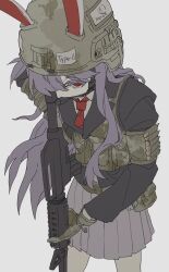  1girl absurdres ammunition_pouch animal_ears assault_rifle bandolier belt belt_pouch black_jacket collared_shirt combat_helmet commentary ears_through_headwear english_commentary grey_skirt gun helmet highres holding holding_gun holding_weapon jacket kaika79307 long_hair long_sleeves m4_carbine necktie pouch purple_hair rabbit_ears rabbit_girl red_eyes red_necktie reisen_udongein_inaba rifle shirt sidelocks simple_background skirt solo touhou variant_set very_long_hair weapon white_background white_shirt 