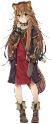  1girl animal_ears ankle_boots black_dress boots brown_boots brown_dress brown_hair child closed_mouth collar collarbone crossed_bangs double-parted_bangs dress full_body game_asset hair_between_eyes hand_up knife knife_sheath leather leather_boots light_blush light_frown long_hair looking_at_viewer medium_dress messy_hair metal_collar metal_wrist_cuffs official_art pinstripe_dress pinstripe_pattern raccoon_ears raccoon_girl raccoon_tail raphtalia raphtalia_(young) red_dress red_eyes sheath sheathed simple_background solo standing tail tanuki tate_no_yuusha_no_nariagari tate_no_yuusha_no_nariagari_rise transparent_background two-tone_dress yellow_trim 