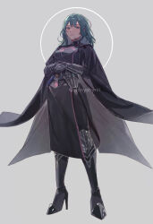  1girl aqua_eyes aqua_hair armored_collar black_boots black_coat black_gloves black_pants black_robe bluesky_username boots closed_mouth coat commentary cosplay english_commentary female_byleth_(fire_emblem) fire_emblem fire_emblem:_three_houses full_body gloves grey_background high_heel_boots high_heels highres knee_guards long_hair looking_at_viewer male_byleth_(fire_emblem) male_byleth_(fire_emblem)_(cosplay) own_hands_together pants plackart robe self-cosplay shinyshynii simple_background solo standing tassel vambraces wide_sleeves 