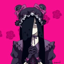  absurdres black_dress bonnet choker commentary dress flower frills ghost ghost_girl gothic_lolita hair_over_eyes hair_over_face hair_over_one_eye highres lolita_fashion omaru_0410 own_hands_together pink_background portrait rose sweet_lolita the_ring yamamura_sadako 