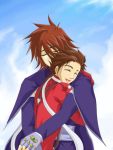   brown_hair closed_eyes father_and_son fingerless_gloves hug kratos_aurion lloyd_irving short_hair sky smile tales_of_symphonia  