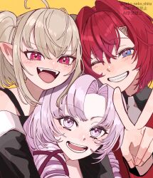  3girls :d ahoge ange_katrina ange_katrina_(1st_costume) blonde_hair blue_eyes blush commentary_request crossed_bangs curtained_hair drill_hair fangs gradient_eyes grin hair_between_eyes hair_intakes hair_ornament hair_ribbon hairclip hand_up heads_together highres hyakumantenbara_salome looking_at_viewer makaino_ririmu makaino_ririmu_(2nd_costume) medium_hair multicolored_eyes multiple_girls neko_neko_shita nijisanji nose_blush one_eye_closed open_mouth pointy_ears purple_hair purple_ribbon red_eyes red_hair ribbon sidelocks simple_background smile sparkling_eyes triangle_hair_ornament twintails twitter_username v violet_eyes virtual_youtuber watermark yellow_background 