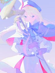  1girl absurdres artoria_caster_(fate) artoria_caster_(second_ascension)_(fate) artoria_pendragon_(fate) belt black_gloves black_pantyhose blonde_hair blue_belt blue_bow blue_bowtie blue_capelet blue_hat bow bowtie capelet commentary covered_mouth cowboy_shot fate/grand_order fate_(series) gloves green_eyes hat high-waist_skirt highres holding holding_staff long_hair long_sleeves looking_at_viewer o-ring o-ring_belt pantyhose sasurau_kani shirt skirt solo sparkle staff staff_of_selection_(fate) star_(symbol) star_in_eye symbol_in_eye twintails two-sided_capelet two-sided_fabric white_shirt white_skirt 