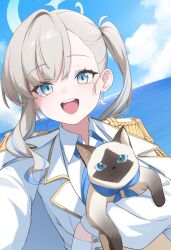  1girl absurdres animal aqua_eyes aqua_halo ascot astra_chichi blonde_hair blue_archive blue_ascot blue_halo blue_sky blue_streaks cat clouds coat coat_on_shoulders collared_shirt colorpoint_(pattern) commentary_request day epaulettes gradient_eyes halo highres holding holding_animal holding_cat horizon jacket long_hair long_single_sidelock looking_at_viewer military_coat minato_(blue_archive) missing_headwear mole mole_under_eye multicolored_eyes multicolored_hair multicolored_halo ocean open_mouth outdoors reaching reaching_towards_viewer sammy_(blue_archive) selfie shirt siamese_cat side_ponytail sky smile streaked_hair teeth two-tone_halo upper_body upper_teeth_only whale_earrings white_coat white_jacket white_shirt yellow_eyes 