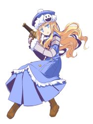  1girl armor blonde_hair blue_coat blue_eyes blue_hat boots brown_boots brown_gloves buttons character_hat coat commentary_request full_body fur-trimmed_coat fur-trimmed_headwear fur_trim gloves gun gunner_(sekaiju) gunner_2_(sekaiju) hat highres hinaki_yuzu holding holding_gun holding_weapon jack_frost_(megami_tensei) long_hair looking_at_viewer pom_pom_(clothes) sekaiju_no_meikyuu sekaiju_no_meikyuu_2 simple_background solo weapon white_background 