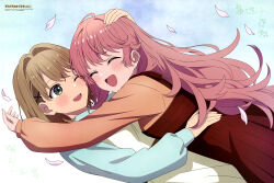  2girls 920-k :d ;d absurdres aimi_ikuko anime_coloring artist_name blush brown_hair closed_eyes copyright_name copyright_notice dutch_angle falling_petals green_eyes hair_intakes hair_ornament highres hug kagari_mimi kimi_ga_shinu_made_koi_wo_shitai long_hair looking_at_another magazine_scan multiple_girls newtype official_art one_eye_closed open_mouth petals pink_hair pink_petals scan short_hair smile teeth third-party_source totsuki_shiina upper_body upper_teeth_only x_hair_ornament 