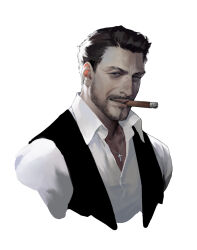  1boy art_study black_hair black_vest cigar collarbone collared_shirt commentary concept_art cropped_torso cross cross_necklace dongho_kang english_commentary facial_hair grey_eyes highres holding holding_cigar jewelry light_smile lips looking_at_viewer male_focus manly mouth_hold necklace nose original parted_lips realistic shirt short_hair simple_background smoking solo stubble teeth very_short_hair vest white_background white_shirt wing_collar 
