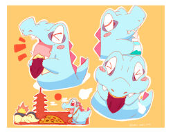  bell_tower_(pokemon) broom closed_eyes commentary crocodilian cyndaquil drinking drinking_straw eating fire highres leaf no_humans open_mouth pokemon pokemon_(creature) pokemon_focus sharp_teeth tail teeth totodile untranslatable_commentary waniwani_(hyda7523) 