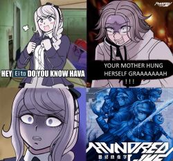  1boy 1girl aotsuki_eito black_hairband braid deez_nuts_(meme) gloom_(expression) grey_hair hairband highres kirifuji_nozomi long_hair medium_hair meme novemblem open_mouth parted_bangs screaming shaded_face sidelocks smile the_hundred_line_-last_defense_academy- violet_eyes white_hair 
