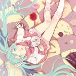  aqua_eyes aqua_hair bandaid cake candy checkered checkered_floor chocolate food from_above hatsune_miku kayei_nou legs lips long_hair looking_up lots_of_laugh_(vocaloid) macaron muffin pastry school_uniform sitting skirt socks solo twintails very_long_hair vocaloid 