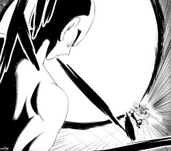  amayuki318 arm_cannon bald black_sleeves blade_arm braid braided_ponytail chinese_clothes commentary_request cyborg dragon_ball dutch_angle energy_ball fighting_stance from_behind full_body goggles highres ki_blast motion_lines open_mouth pointing screaming serious sound_effects tao_pai_pai tenshinhan thick_eyebrows upper_body weapon 