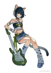  1girl absurdres animal_ears bare_shoulders black_hair boots cat_ears cat_girl cat_tail choker denim denim_shorts electric_guitar guitar highres instrument leg_warmers midriff original short_hair shorts sitting solo strapless tail tube_top white_background yaner_10 yellow_eyes 