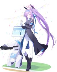  1girl adjusting_clothes adjusting_gloves armband black_boots black_coat blue_archive blue_hairband blue_ribbon blue_trim boots breast_pocket breasts bright_pupils buttons closed_mouth clothes_writing coat confetti double_barrels floating_headgear full_body game_asset gatling_gun gloves grass hair_intakes hair_ribbon hairband halo hands_up happy headgear heel_up highres lace-up_boots large_variant_set long_hair long_sleeves looking_at_viewer medium_breasts monitor non-humanoid_robot official_art pants paruru_(nexon) pink_halo pocket ponytail purple_hair ribbon robot sentry sidelocks smile solo split_mouth standing string_of_flags tachi-e third-party_source thundergun_(blue_archive) transparent_background two-sided_coat two-sided_fabric utaha_(blue_archive) utaha_(cheer_squad)_(blue_archive) variant_set very_long_hair violet_eyes white_gloves white_pants white_pupils white_ribbon 
