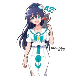  1girl absurdres animal_on_shoulder aria_(manga) aria_company_uniform breasts cat collarbone commentary cosplay dated ganaha_hibiki gem hair_between_eyes hat high_ponytail highres idolmaster long_hair looking_at_viewer medium_breasts mini_hat nillis open_mouth ponytail purple_hair sailor_collar shirt short_sleeves simple_background skirt smile teeth twitter_username upper_teeth_only white_background white_sailor_collar white_shirt white_skirt yellow_gem 