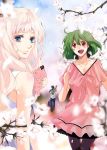  ahoge black_hair blue_eyes cherry_blossoms dress fang flower food gen_(enji) green_hair jewelry long_hair macross macross_frontier multiple_girls necklace pantyhose pink_hair ponytail ranka_lee red_eyes saotome_alto sheryl_nome taiyaki tree wagashi 