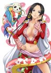  artist_request blue_eyes boa_hancock breasts cape cleavage earrings epaulettes hand_on_hip jewelry long_hair no_bra one_piece salome_(one_piece) seven_(11) skull snake 