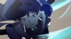  1boy anime_coloring black_bodysuit black_hair black_shorts blue_cape blue_gem blue_sleeves blunt_ends body_markings bodysuit bridal_gauntlets cape charging_forward choppy_bangs commentary_request covered_collarbone eyeliner furrowed_brow gem genshin_impact glowing_gem glowing_markings gold grey_pupils highres layered_sleeves looking_at_viewer makeup male_focus outstretched_arms pom_pom_(clothes) purple_rope red_eyeliner retujyo4go ringed_eyes rope scaramouche_(genshin_impact) short_sleeves shorts shoulder_peek side_cape smirk solo spread_arms tsurime violet_eyes vision_(genshin_impact) wanderer_(genshin_impact) white_sleeves wind 