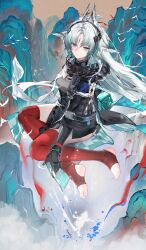  1girl absurdres animal_ears arcane_(arknights) arknights arknights:_endfield arm_support belt bird_ears bird_girl black_gloves blue_eyes breasts cape chinese_commentary commentary_request facial_mark forehead_mark from_above full_body gloves gradient_hair grey_hair head_wings headgear high-waist_belt highres hood hood_down hooded_cape leotard leotard_under_clothes long_hair looking_at_viewer medium_breasts multicolored_hair okasaki_ushio_(03103335) parted_bangs parted_lips pelvic_curtain ponytail red_thighhighs simple_bird sitting solo stirrup_legwear tears thigh-highs toeless_legwear toes two-sided_gloves very_long_hair walkie-talkie wings yokozuwari zhongguo_hua 