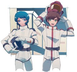 2boys aeug blue_eyes blue_hair border brown_hair closed_mouth commentary_request cowboy_shot green_eyes gundam gundam_zz helmet highres holding holding_unworn_helmet judau_ashta kamille_bidan looking_at_another male_focus mecha_pilot_suit multiple_boys normal_suit_(gundam) open_mouth pin_(penco_co) short_hair smile space_helmet unworn_headwear unworn_helmet white_border zeta_gundam 