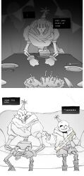  2026 2d 2koma armor balloon birthday_cake birthday_candle bugsoupart cake cake_slice candle comic comic_sans commentary couch dialogue_box digital_media edit english_commentary english_text food fork gloves gradient_background grey_background greyscale hat highres holding holding_letter humanoid letter love_letter male male_focus male_only monochrome monster monster_boy on_couch one_eye_closed papyrus_(font) papyrus_(undertale) party_hat pennant plate print_armor sash scarf simple_background sitting skeleton spine string_of_flags table teeth text third-party_edit undead undertale utdr_(toby_fox) video_game_dialogue_box white_background 